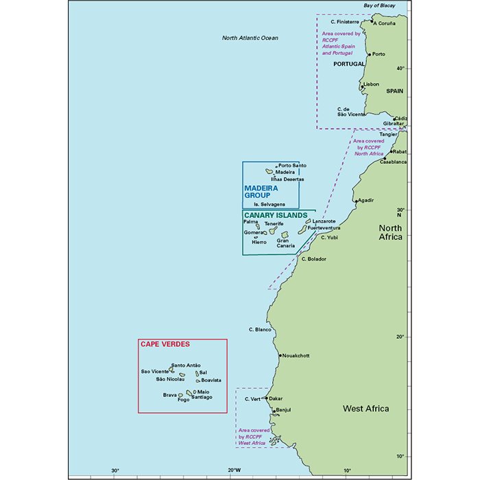 The "Atlantic Islands" map by Imray depicts the North Atlantic Ocean along with parts of the European and African coasts, making it ideal for a North Atlantic cruise. It highlights major sailing guide locations such as the Azores, Madeira Islands, Canary Islands, and Cape Verde. The map also outlines country borders of Portugal, Spain, and regions of North and West Africa.