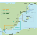 Map of the Spanish Mediterranean mainland coast with regions marked: Costa del Sol (I), Costa Blanca (II), Costa del Azahar (III), Costa Dorada (IV), and Costa Brava (V). It displays nearby countries, the Mediterranean Sea, major cities, and islands. Includes insights from the Royal Cruising Club Pilotage Foundation. Product Name: Mediterranean Spain by Imray.