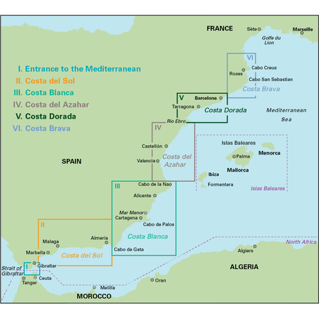 Map of the Spanish Mediterranean mainland coast with regions marked: Costa del Sol (I), Costa Blanca (II), Costa del Azahar (III), Costa Dorada (IV), and Costa Brava (V). It displays nearby countries, the Mediterranean Sea, major cities, and islands. Includes insights from the Royal Cruising Club Pilotage Foundation. Product Name: Mediterranean Spain by Imray.