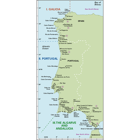 Map titled "Atlantic Spain & Portugal" by Imray, depicting the westernmost regions of Spain and Portugal along the Atlantic Ocean. This navigational guide highlights Galicia, Portugal, and the Algarve and Andalucia regions. Notable cities such as Lisbon, Porto, and Seville, as well as key rivers and capes, are clearly labeled for the experienced sailor.