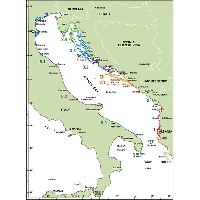 The Adriatic Pilot by Imray features a map of the Adriatic and Ionian Seas, highlighting countries such as Italy, Slovenia, Croatia, Bosnia-Herzegovina, Montenegro, Albania, and Greece. It includes detailed information on coastal cities along Croatia's coastline and uses color-coding with numbers from 1 to 5.3 to indicate various zones and navigational hazards.