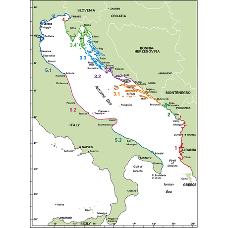 Introducing the "Adriatic Pilot" by Imray: This comprehensive guide includes a detailed map of the Adriatic Sea and adjacent countries, featuring Italy to the west and Slovenia, Croatia, Bosnia-Herzegovina, Montenegro, and Albania to the east. It highlights key cities, geographical locations, and numerical annotations such as 3.1, 4.2, and 5.3 along Croatia's stunning coastline to enhance your Adriatic adventure.