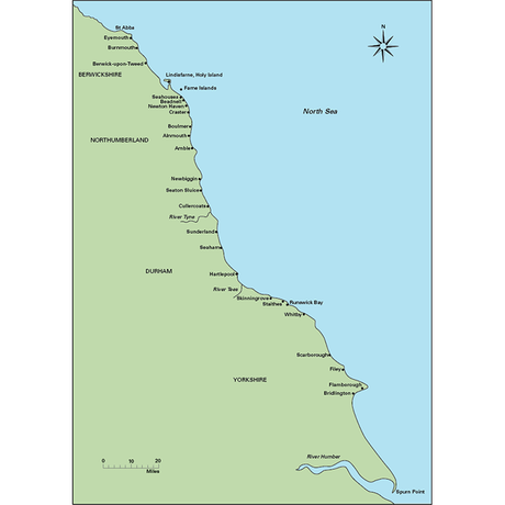 Map of the northeast coast of England and southern Scotland, featured in Imray's Cook's Country, displaying the counties of Berwickshire, Northumberland, Durham, and North Yorkshire. Coastal towns and landmarks such as Lindisfarne, Bamburgh, Whitby, and Scarborough are clearly marked. The map also includes a compass rose.