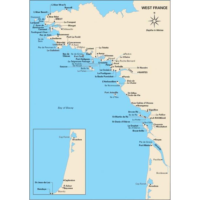 Imray's "Cruising West France" map showcases the west coast of France, detailing coastal towns and cities from Porspoder in the north to Hendaye in the south. Ideal for a West France sailing adventure, it includes notable cities such as Nantes, La Rochelle, and Bordeaux. An inset prominently highlights the Gironde estuary area. A compass rose is provided for orientation.