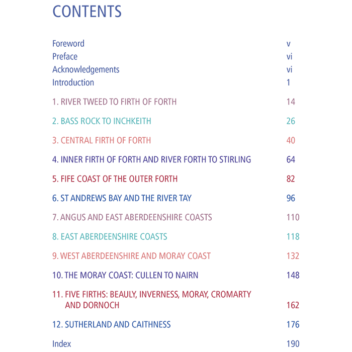 Table of contents from the book "East Coast of Scotland" by Imray, showcasing various sections: River Tweed to Firth of Forth, Bass Rock to Inchkeith, Central Firth of Forth anchorages, Inner Firth of Forth and River Forth to Stirling, the cultural heritage of Scotland's east coast cruising route along the Outer Forth and several other coastal sections.