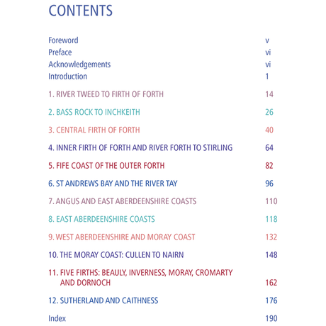 Table of contents from the book "East Coast of Scotland" by Imray, showcasing various sections: River Tweed to Firth of Forth, Bass Rock to Inchkeith, Central Firth of Forth anchorages, Inner Firth of Forth and River Forth to Stirling, the cultural heritage of Scotland's east coast cruising route along the Outer Forth and several other coastal sections.