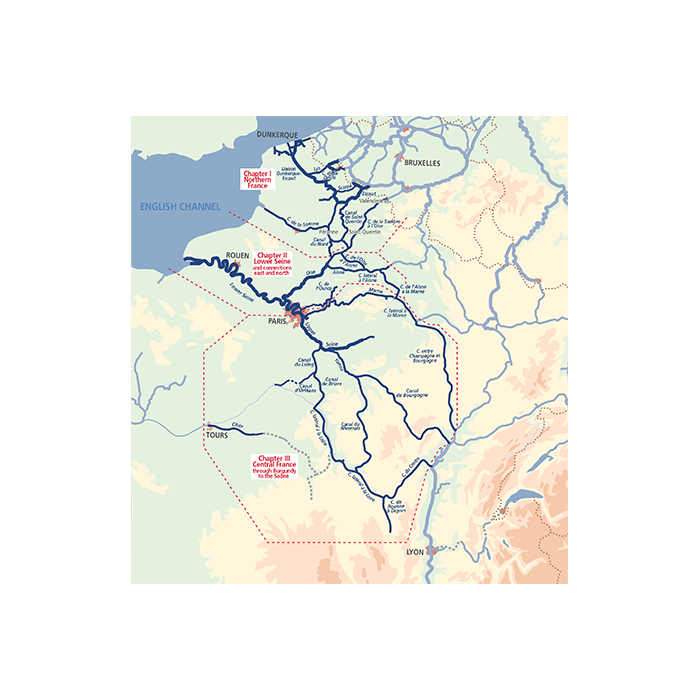 A map from the *Inland Waterways of France | Volume 1 | North and Centre* by Imray, illustrating a section of northern France with its major rivers, canals, and cities. Highlighted locations include Dunkerque, Rouen, Tours, Brussels, and Lyon. The map is annotated with references to "Chapter 11 routes," "Chapter 12 routes," and "Chapter 14 routes.