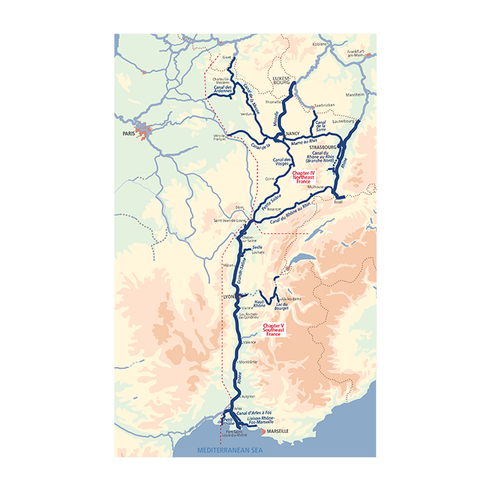 The "Inland Waterways of France | Volume 2 | Northeast and Southeast" by Imray features a detailed map of France's waterways, highlighting interconnected rivers and canals. Key locations like Paris, Strasbourg, and Marseille are marked. The map also showcases major navigable rivers and canals such as the Rhine, Rhone, and Canal du Midi. The Mediterranean Sea is depicted at the bottom.