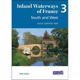 The cover of "Inland Waterways of France Volume 3: South and West" by Imray shows a serene French canal scene—calm water, stone bridge, white boat, green trees, and blue sky—evoking cruising in the region; Ninth Edition.