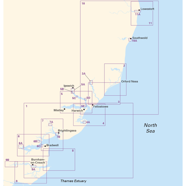 The Imray Chart Pack 2000 | Suffolk and Essex Coasts by Imray offers a nautical chart of the East Anglian coast, detailing regions from Lowestoft to Burnham-on-Crouch. Boasting wide area coverage, it highlights sections 6A to 9B near Ipswich, Felixstowe, Harwich, Brightlingsea, and Bradwell. This chart pack is ideal for use with other Imray Chart Packs and includes free digital charts.