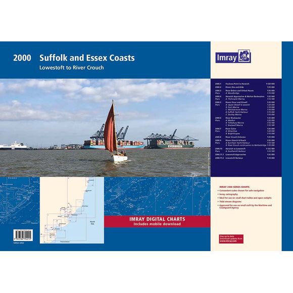 Cover of "Imray Chart Pack 2000 | Suffolk and Essex Coasts" by Imray, depicting a sailboat on water with an industrial port in the background, and a map excerpt in the bottom left corner. The blue sidebar lists details about Imray Chart Packs, highlighting their wide area coverage and inclusion of free digital charts.