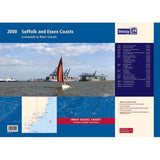 Cover of "Imray Chart Pack 2000 | Suffolk and Essex Coasts" by Imray, depicting a sailboat on water with an industrial port in the background, and a map excerpt in the bottom left corner. The blue sidebar lists details about Imray Chart Packs, highlighting their wide area coverage and inclusion of free digital charts.