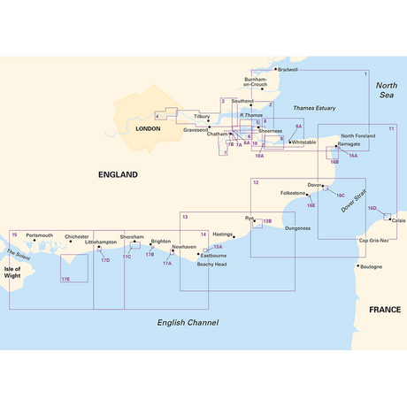 The Imray Chart Pack 2100 | Kent and Sussex Coasts by Imray provides a detailed map of the southern coast of England, covering areas like Portsmouth, Brighton, and Dover, and extending to the Isle of Wight and parts of France such as Boulogne. This A2 chart pack also includes outlines of the Kent and Sussex coasts, the Thames Estuary, and significant navigation routes using the latest UKHO data.