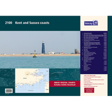 The cover of the Imray Chart Pack 2100 | Kent and Sussex Coasts features a coastal landscape with a lighthouse and various structures in the background. The lower left showcases a small map, while the right side lists chart coverage details. Displayed on the cover are the Imray logo, information about digital downloads, and specifics about the A2 chart pack utilizing the latest UKHO data.