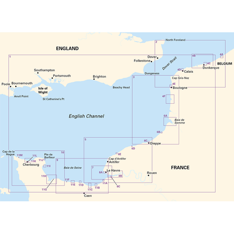 The Imray Chart Pack 2110 | North France, by Imray, is a nautical chart of the English Channel that showcases coastal areas of southern England and northern France. It includes regions such as Hauts-de-France and Normandy, highlighting key locations like Dover, Calais, Boulogne, Le Havre, and Cherbourg. The chart features navigation routes, capes, bays, straits, and provides detailed tidal data.