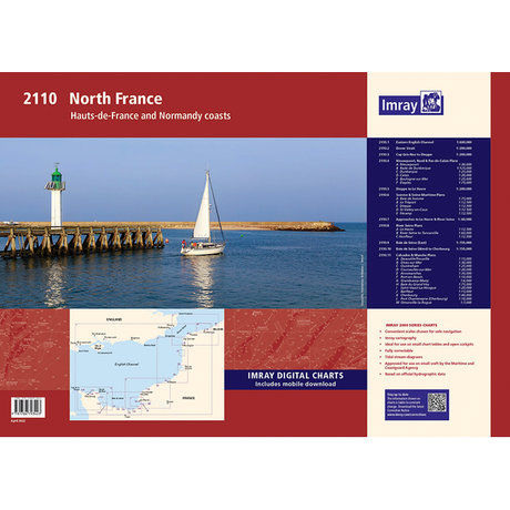 Here's the rewritten sentence using the given product data:

A cover image for the Imray Chart Pack 2110 | North France by Imray, showcasing the Hauts-de-France and Normandy coasts. The image features a sailboat near a lighthouse, a map of the English Channel, and tidal data along with a list of available digital charts and included mobile downloads.