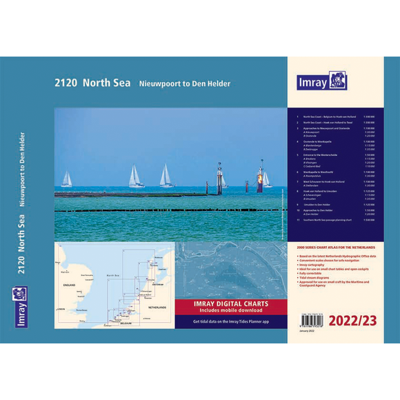 The cover of the Imray Chart Pack 2120, titled "North Sea - Nieuwpoort to Den Helder," features sailboats gracefully navigating the Belgian and Dutch North Sea coastline. It includes a map illustration and offers details on its digital availability, making it ideal for small craft navigation.