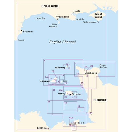 Map displaying the English Channel between England and France, detailing the Channel Islands including Alderney, Guernsey, Sark, and Jersey. The map features major cities, coastal areas, and navigation zones accurately labeled using UKHO data and the Imray Chart Pack 2500 | The Channel Islands by Imray, alongside regional maritime boundaries.