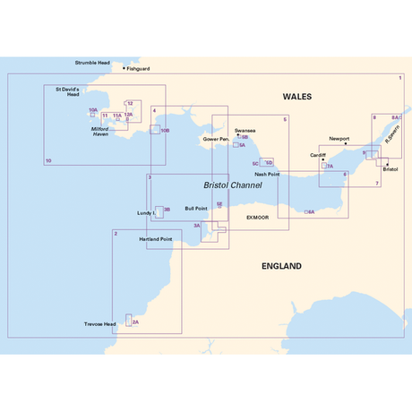 The Imray Chart Pack 2600 | The Bristol Channel by Imray offers a detailed map of the Bristol Channel area, highlighting parts of Wales and England. Notable points such as St David's Head, Milford Haven, and Hartland Point are clearly marked. Major cities including Swansea, Cardiff, Newport, and Bristol are indicated. Additionally, the chart provides specific details about the River Cleddau.