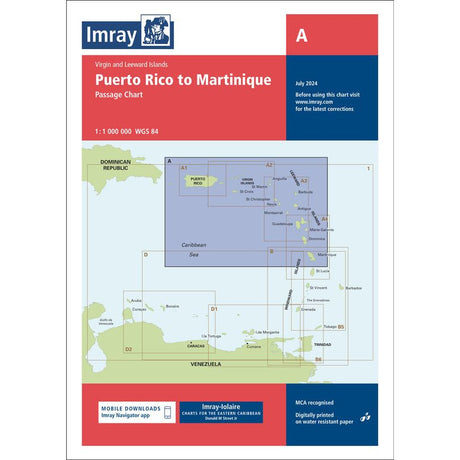 An Imray Chart A by Imray, titled 'Puerto Rico to Martinique,' dated July 2024. It includes maritime details and navigational information for Caribbean navigation, with a detailed map and geographic coordinates. Download info and map features are noted.