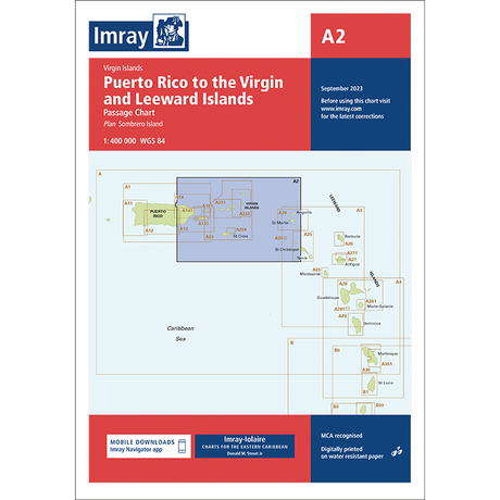 The Imray Chart A2 | Puerto Rico to the Virgin and Leeward Islands by Imray is ideal for cruising sailors exploring the Caribbean. This September 2023 chart includes navigational details, waypoints, and buoy data for Puerto Rico and the Virgin Islands. It is part of the renowned Imray-Iolaire charts collection.