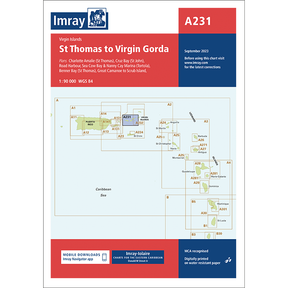 Imray Chart A231: St Thomas to Virgin Gorda features detailed Virgin Islands maps with island charts, bathymetric surveys, chart codes, navigation info, download details, a red A231 section, and Imray branding.