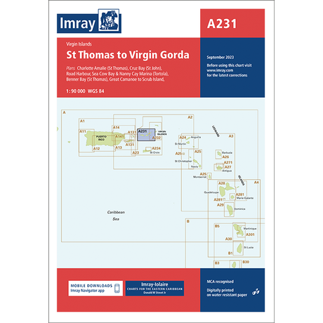 Imray Chart A231: St Thomas to Virgin Gorda features detailed Virgin Islands maps with island charts, bathymetric surveys, chart codes, navigation info, download details, a red A231 section, and Imray branding.