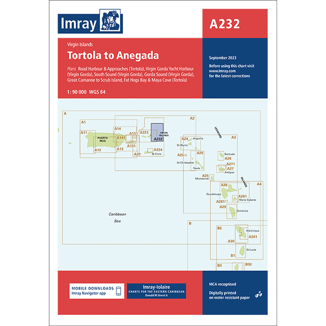 Imray Chart A232: Tortola to Anegada shows the Virgin Islands nautical chart with labeled locations, bathymetric surveys, grid, sea area, date (September 2023), and Imray branding.