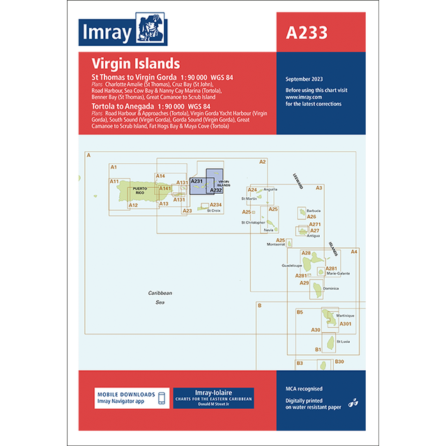 The Imray Chart A233: Virgin Islands by Imray features a map overview, chart title, coverage details, and a blue and red design with navigation and safety icons—perfect for anyone needing reliable Caribbean navigation charts.