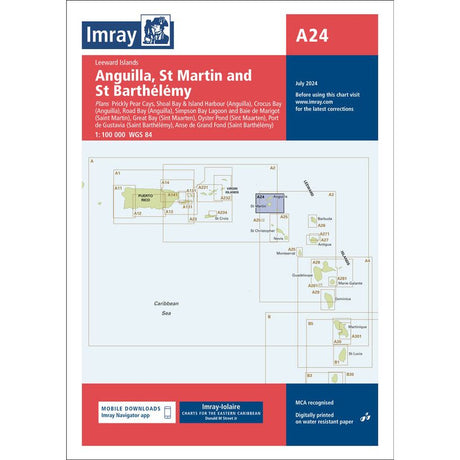 The Imray Chart A24 titled "Anguilla, St Martin and St Barthélémy" is an essential guide for the cruising sailor, featuring detailed map sections for various harbors and bays in these Caribbean islands. Produced by Imray in a red, blue, and white color scheme, it offers comprehensive details for Caribbean navigation.