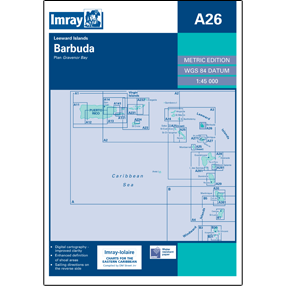 A navigational chart named "Imray Chart A26 | Barbuda" from Imray, Metric Edition, WGS 84 Datum, scale 1:45,000. This comprehensive resource includes detailed maps of the island and Governor Bay. The Imray logo is prominently displayed at the top left.