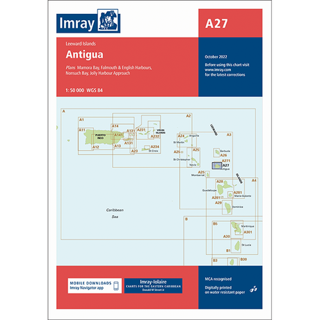 The "Imray Chart A27 | Antigua" by Imray is a nautical chart cover that is part of the Caribbean sailing guide. It features detailed maps of Antigua and the surrounding Leeward Islands, including key areas such as Falmouth Harbour, English Harbour, Nonsuch Bay, and Jolly Harbour Approaches. Printed on durable Pretex paper for longevity, this chart includes the chart number, edition date, and mobile download information.