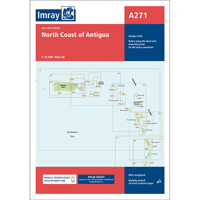 The Imray Chart A271, titled "North Coast of Antigua" by Imray, is an indispensable Caribbean navigation tool published in October 2020. This detailed chart covers bays, harbors, and nearby islands, highlighting depths, anchorages, and various coastal features at a scale of 1:35,000.