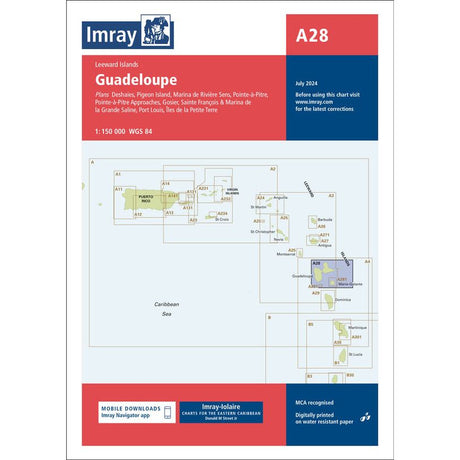 The Imray Chart A28 for Guadeloupe, crafted by Imray, is perfect for Caribbean sailing enthusiasts and provides detailed maritime navigation information. It includes maps of Deshaies, Pigeon Island, Marina de Rivière Sens, and other significant sites. This updated chart is marked for July 2024.