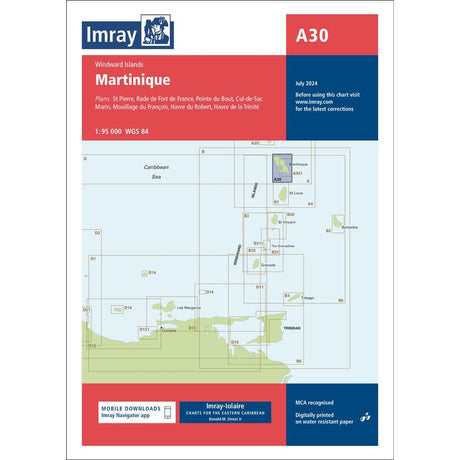 The Imray Chart A30 | Martinique, an esteemed part of the Imray-Iolaire charts series, showcases Martinique and its surrounding marine areas. Perfect for Caribbean navigation, it includes navigational details, coastal features, and harbor insets. Dated July 2024.