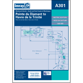 The Imray chart cover titled "Imray Chart A301 | Martinique - South and East Coasts" depicts the Windward Islands' south and east coasts of Martinique. Tailored for Caribbean navigation, it includes diagrams, coordinate grids, and maritime details with an emphasis on digital cartography and GPS compatibility.