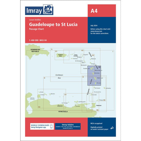 The Imray Chart A4 | Guadeloupe to St Lucia, produced by Imray for the Lesser Antilles, offers detailed routes for cruising sailors between Guadeloupe and St Lucia in the Caribbean. This nautical chart includes a map, download instructions for the Imray Navigator app, and a note on update accuracy from Imray-Iolaire charts.