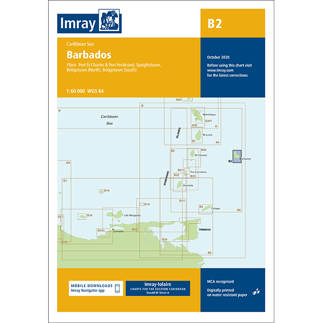 This Imray Chart B2 of Barbados, published by Imray, is ideal for Caribbean navigation. It covers ports such as Port St. Charles and Port Ferdinand, detailing various navigational features and depths. Published with an October 2020 revision date by Bluewater Books & Charts, it's a crucial guide for cruising sailors.