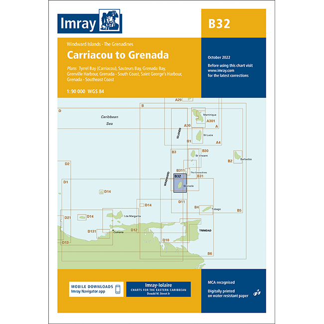 The Imray Chart B32 | Carriacou to Grenada is an essential cruising sailor's guide, covering areas like Tyrrel Bay, Grenada Bay, and Saint George's Harbour. Produced by the renowned brand Imray, this chart includes detailed maps, a QR code for updates, and an inset map. It is the October 2022 edition from Imray-Iolaire charts.