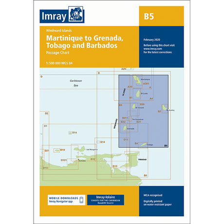 The nautical chart cover titled "Imray Chart B5 | Martinique to Tobago and Barbados Passage Chart" from Imray is a comprehensive sailing guide for Caribbean navigation, including a map of the Windward Islands. It features mobile downloads, a February 2020 edition date, and a scale of 1:500 000.