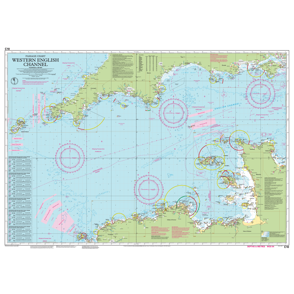 Imray Chart C10: Western English Channel Passage Chart by Imray displays southern England and northern France coasts, navigation routes, depth markings, compass roses, and key ports—an ideal English Channel passage chart.