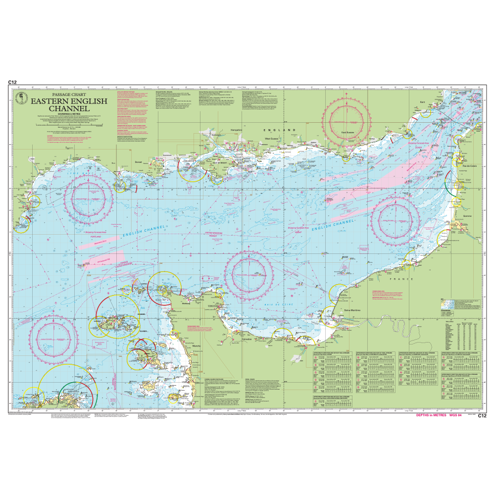 Imray Chart C12: Eastern English Channel Passage Chart by Imray features coastal outlines, navigational markers, depth contours, and shipping routes with clear labels and legends for safe passage in the Eastern English Channel.