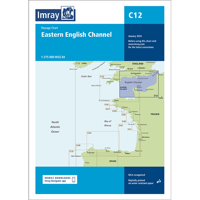 Imray Chart C12: Eastern English Channel Passage Chart cover shows blue, green, and white areas, detailed chart info from southern England to northern Spain and France, Imray branding, and UKHO Digital references.