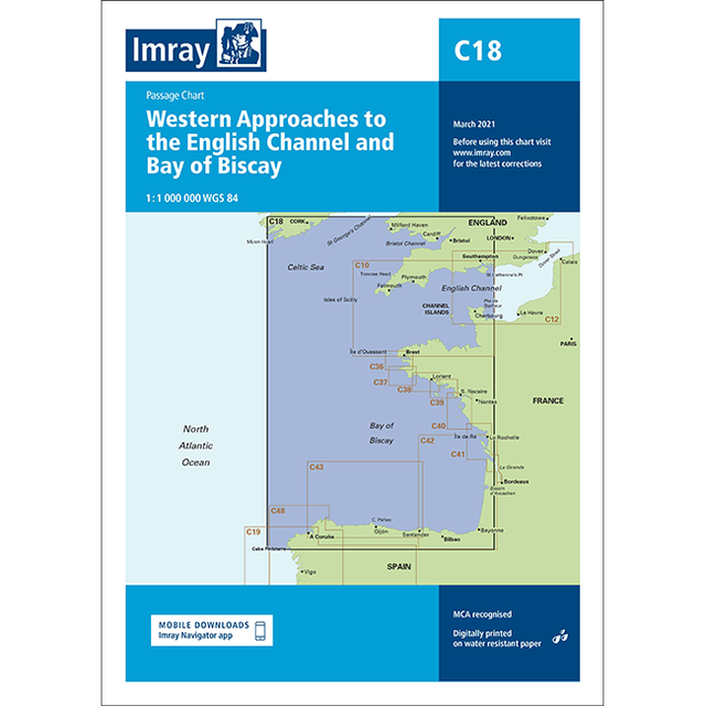 Imray Chart C18: Western Approaches to the English Channel & Bay of Biscay by Imray covers southern England, western France, northern Spain, and the eastern North Atlantic—perfect for cruising Britain and Northwest Europe.