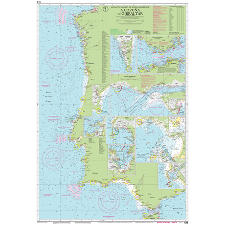 Imray Chart C19: A Coruña to Gibraltar by Imray covers the Atlantic coasts of Spain and Portugal with detailed harbor insets, depth contours, navigation aids, and coastal landmarks.