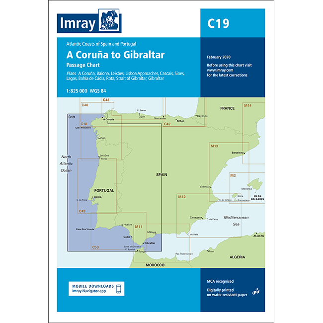 Imray Chart C19: A Coruña to Gibraltar by Imray features a nautical chart from Lisbon to Gibraltar along the Atlantic coasts of Spain and Portugal, with publication details, a highlighted map section, and mobile download info. Part of the Imray C Series.