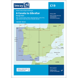 Imray Chart C19: A Coruña to Gibraltar by Imray features a nautical chart from Lisbon to Gibraltar along the Atlantic coasts of Spain and Portugal, with publication details, a highlighted map section, and mobile download info. Part of the Imray C Series.