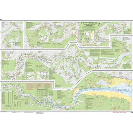 Imray Chart C2: The River Thames by Imray is a detailed navigation chart with labeled sections, routes, bridges, landmarks, notes, close-up insets of key bends, and marina plans along the river's course.