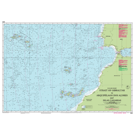 Imray Chart C20: Strait of Gibraltar to Archipélago dos Açores & Islas Canarias Passage Chart by Imray shows Portugal, Spain, Morocco, Azores, and Canary Islands with depths and markings—ideal for navigation planning in the eastern North Atlantic.