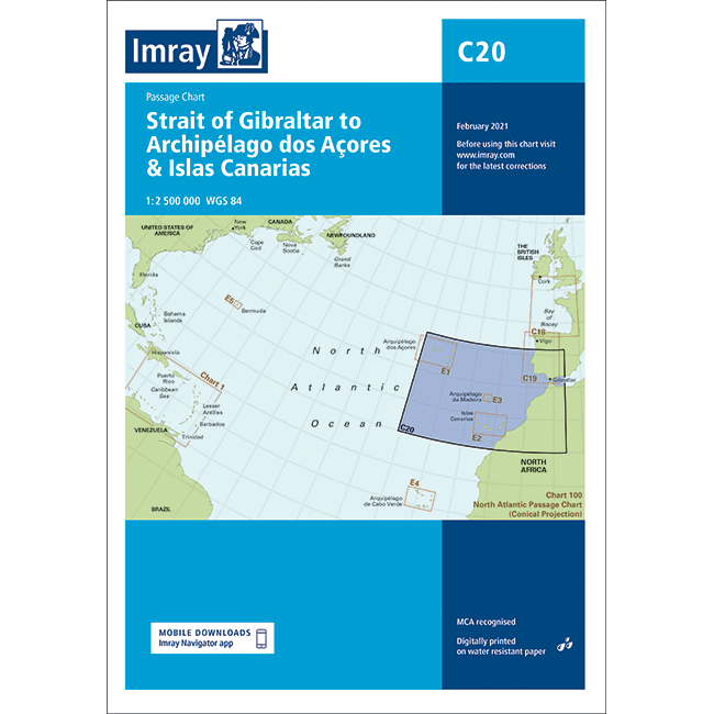 The Imray Chart C20 by Imray covers the Strait of Gibraltar to the Azores and Canary Islands, showing North Atlantic passage routes with detailed navigation planning areas and bilingual English-Portuguese text.
